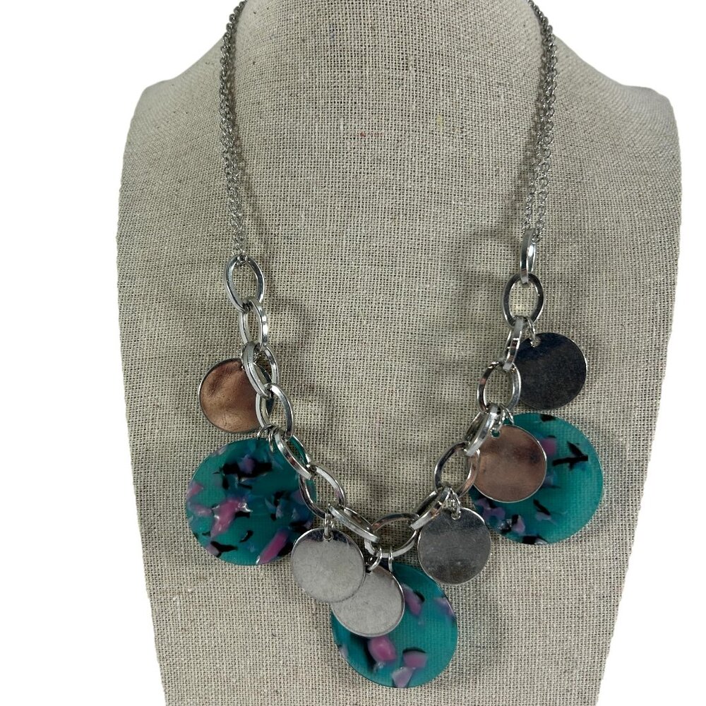 Confetti Confection Necklace Green Pink Round Disc Silver Tone Dangle Charms